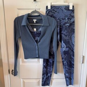 Aerie Blue Ribbed Cardigan and Patterned Leggings Set